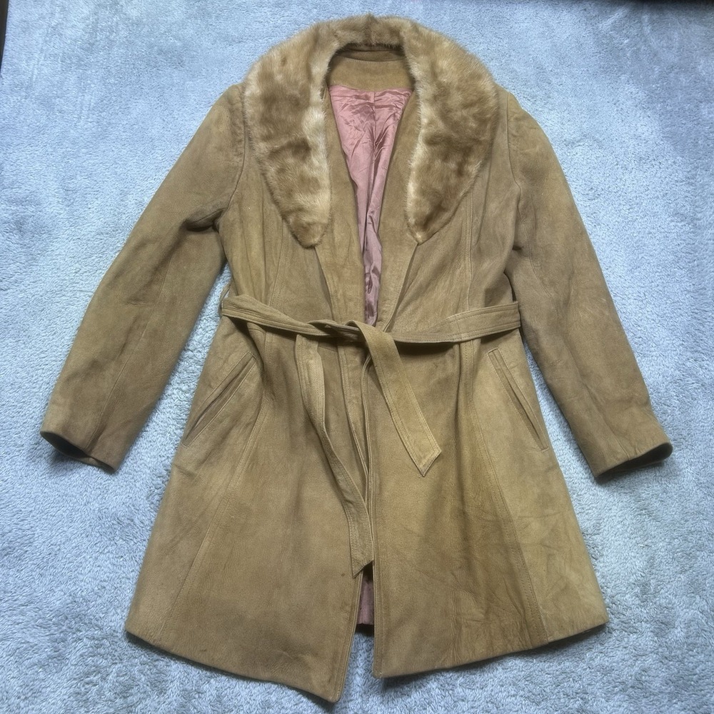 Vintage Retro Leather‎ Jacket Women's S Brown Faux Fur Collar 70's Belted *SPOTS